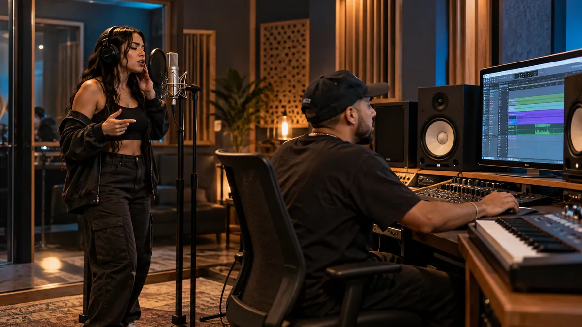 Cantante y productor trabajando con un beat de reggaetón en un estudio de grabación