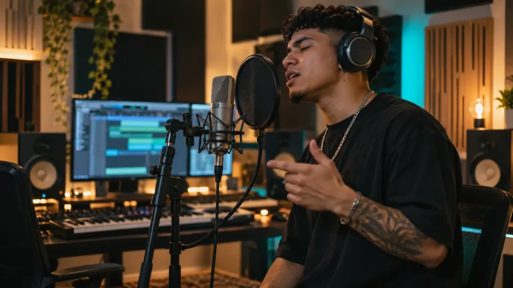 Artista grabando sobre un beat de reggaetón en un estudio profesional